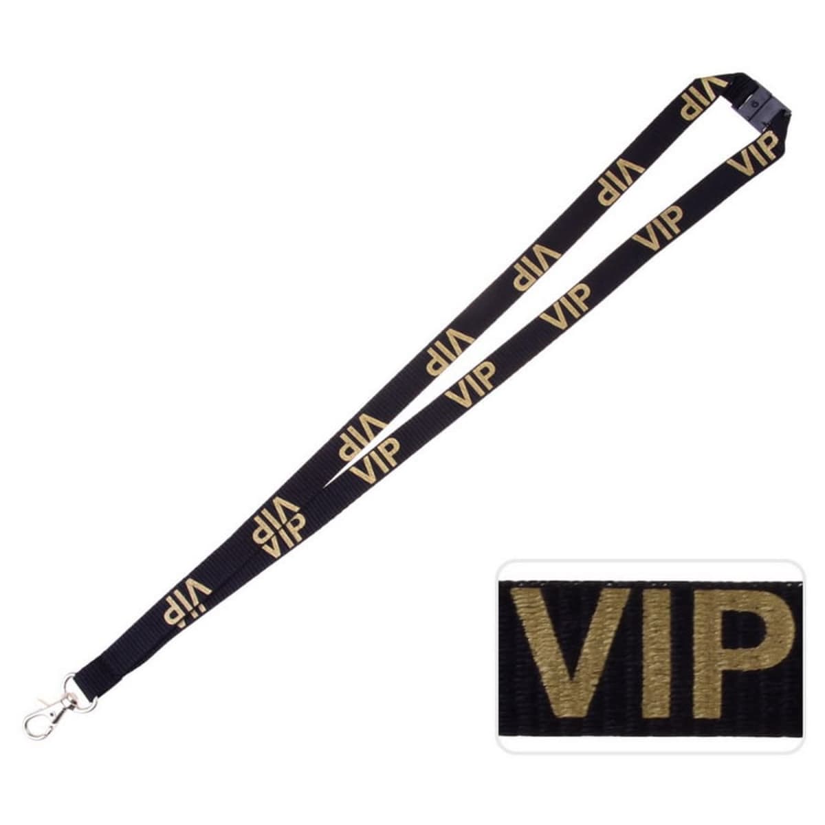 A black lanyard with VIP written in gold letters repeatedly along its length. It features a metal clip at the end. An inset shows a close-up of the VIP text.