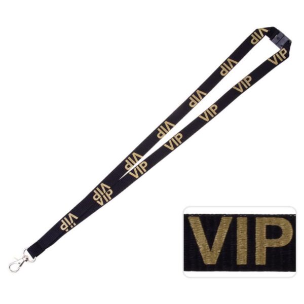 A black lanyard with VIP printed in gold repeatedly along its length. It features a metal clip at the end. An inset image shows a close-up of the VIP text.