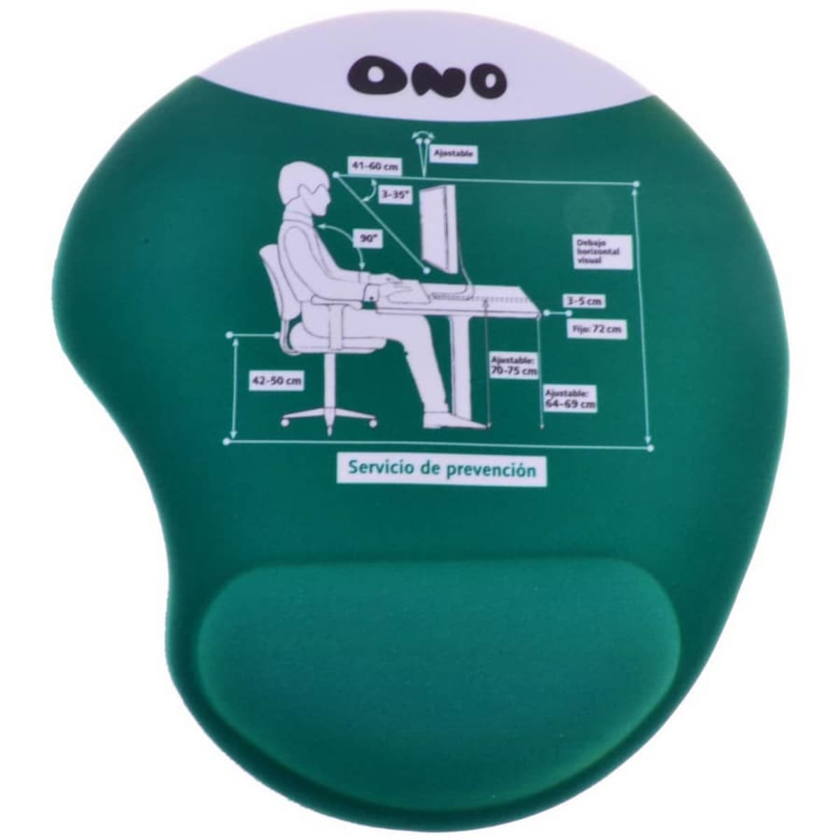 Green ergonomic mouse pad with a wrist rest. A diagram of a person at a desk, labeled with measurements for ideal ergonomic setup, is printed on the pad.