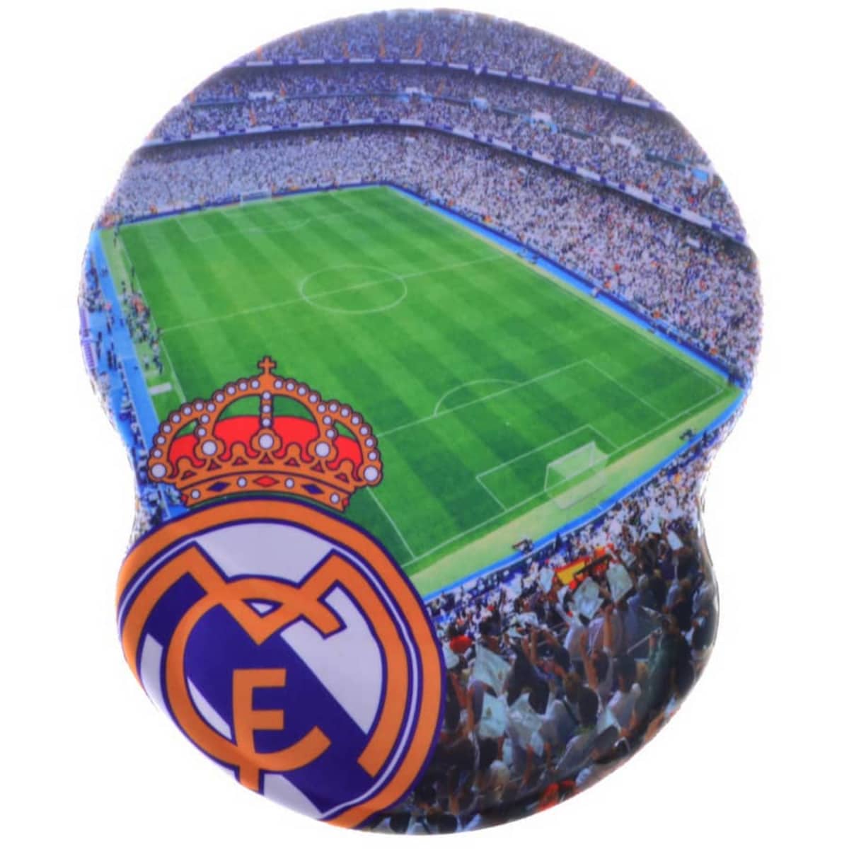 An image of a large football stadium filled with spectators. The field is vibrant green, surrounded by a sea of fans. In the foreground, a prominent football club logo is displayed, featuring a crown and letters.