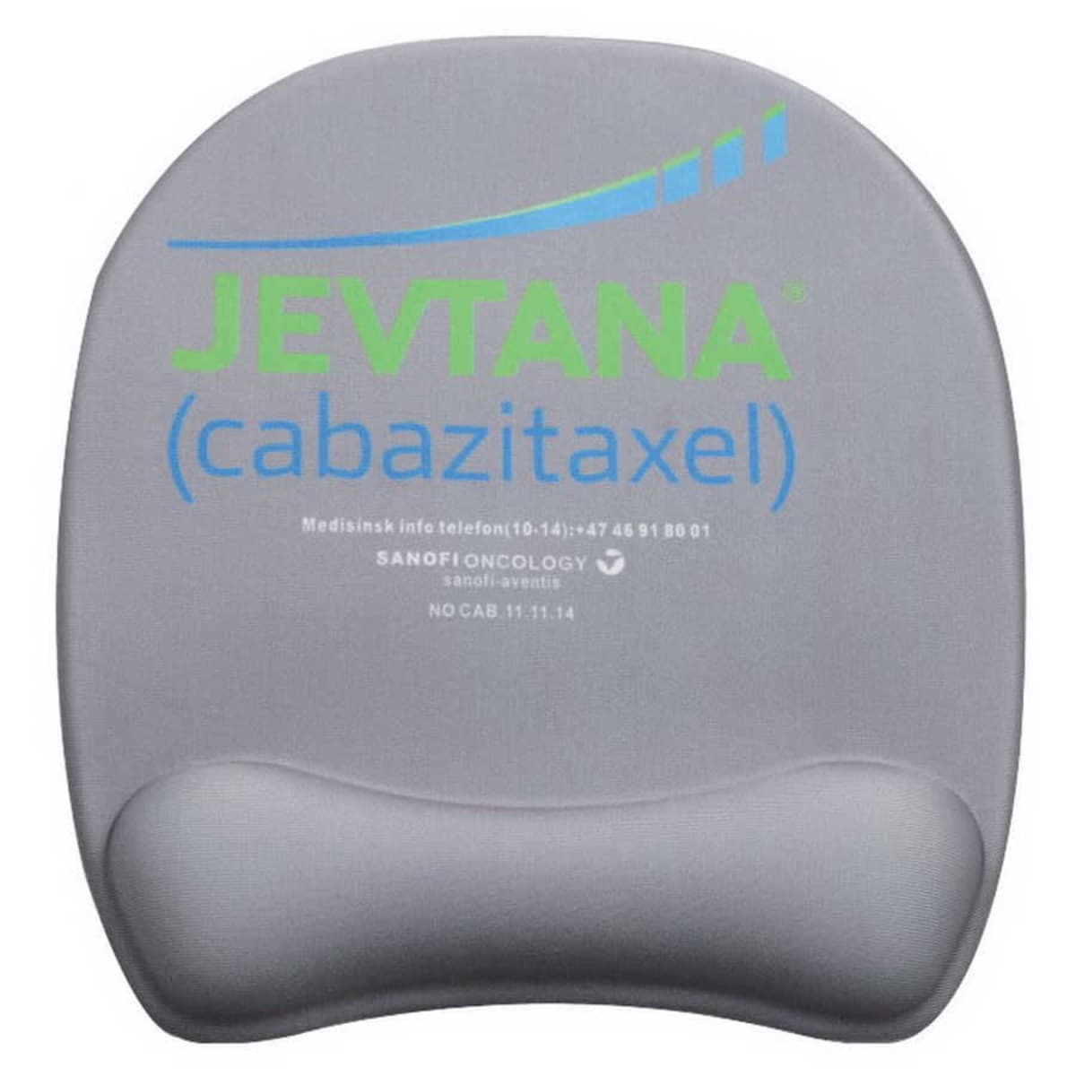 Gray wrist rest with green text Jevtana (cabazitaxel) and additional contact information below.