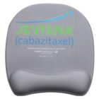 Gray mouse pad with a wrist rest featuring the text Jevtana (cabazitaxel) in green and blue. Additional text provides medical info and contact details for Sanofi Oncology.