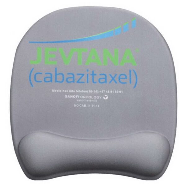 Gray mouse pad with a wrist rest featuring the text Jevtana (cabazitaxel) in green and blue. Additional text provides medical info and contact details for Sanofi Oncology.