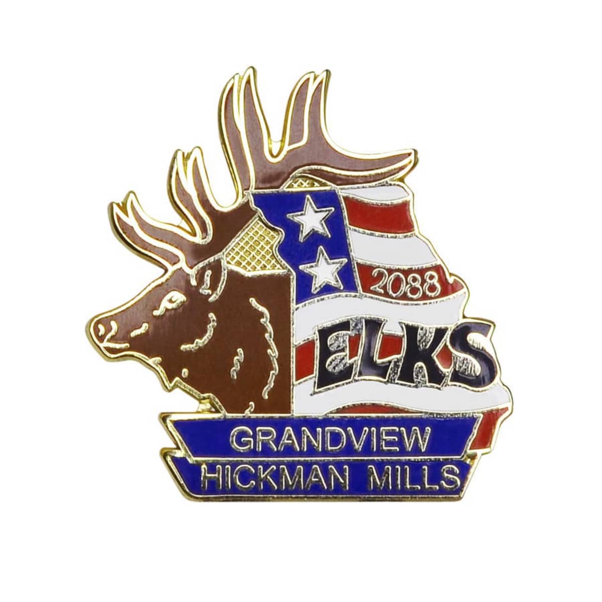 Enamel pin featuring an elks head on the left and a stylized American flag on the right. The numbers 2088 are above the word ELKS, and GRANDVIEW HICKMAN MILLS is written below.