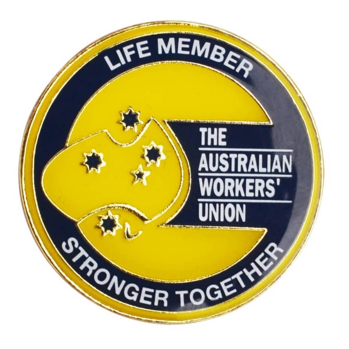 Circular badge with a yellow map of Australia, featuring five stars, on a navy background. Text reads LIFE MEMBER at the top and THE AUSTRALIAN WORKERS UNION at the center, with STRONGER TOGETHER at the bottom.