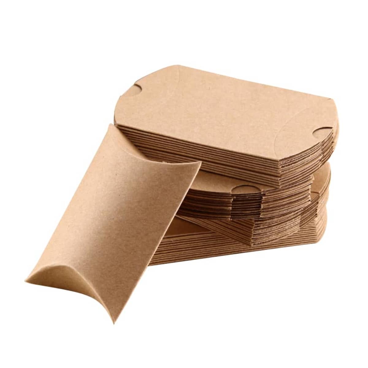 A stack of brown, rectangular paper sleeves with curved edges and pre-folded seams arranged in a neat pile. One sleeve is partially pulled out, showing its opening and slightly curved shape.