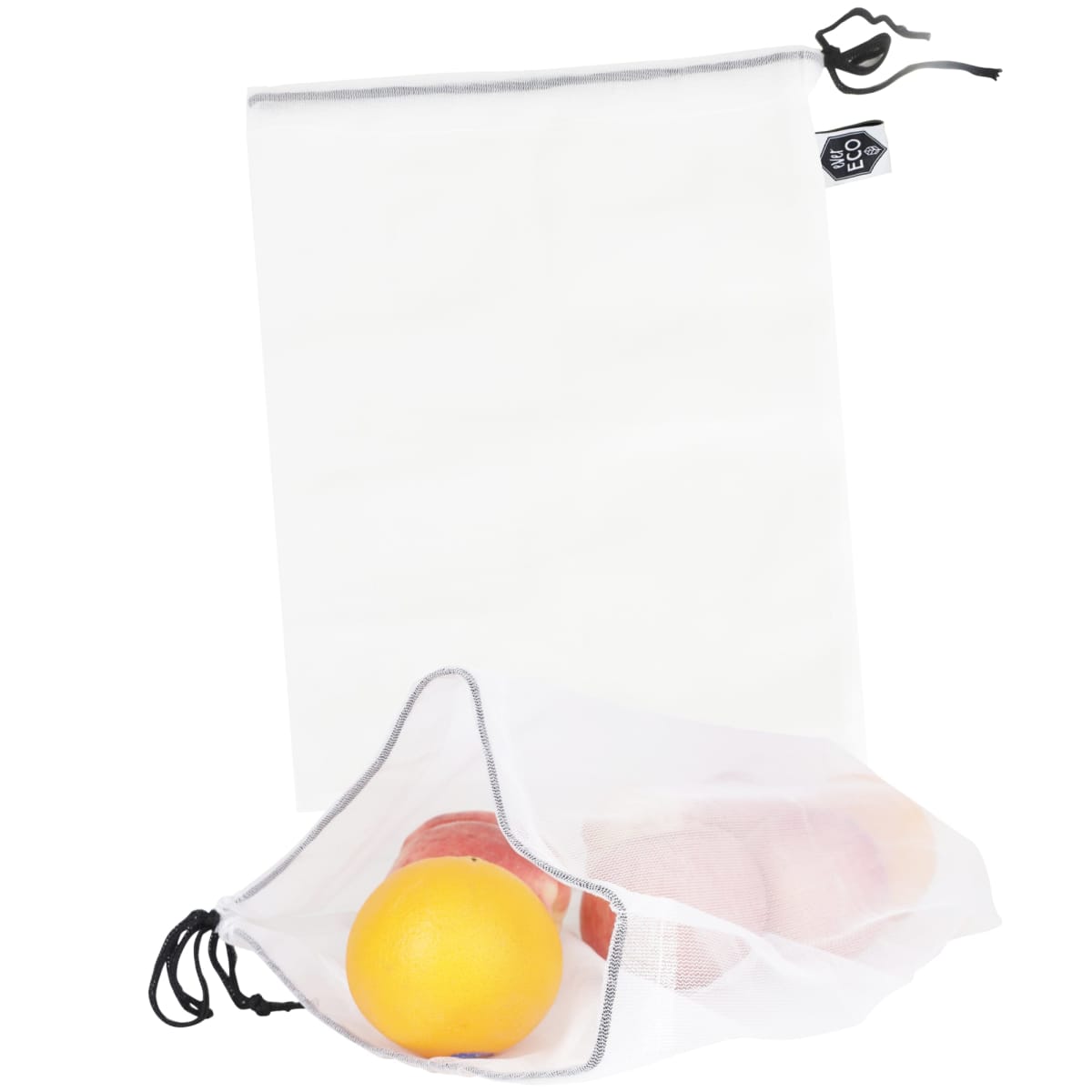 Two reusable mesh produce bags, one standing upright empty and the other lying down containing a yellow-orange fruit and several red apples. The bags have black drawstrings and a small tag with a logo.
