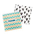 Two square pouches are displayed. The front pouch has a zigzag pattern in teal, orange, and white with escale written on it. The back pouch features a white background with black hearts. Both have zip closures.