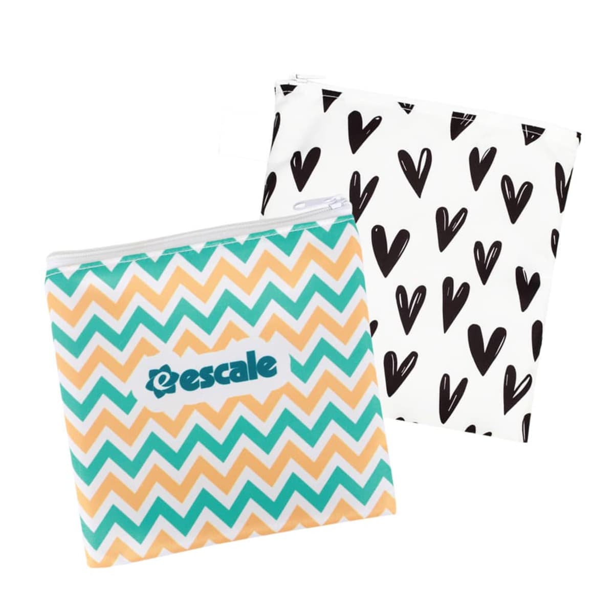 Two square pouches are displayed. The front pouch has a zigzag pattern in teal, orange, and white with escale written on it. The back pouch features a white background with black hearts. Both have zip closures.
