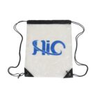 Clear drawstring backpack with black straps and a black top edge. The front features a blue logo with stylized letters aic.