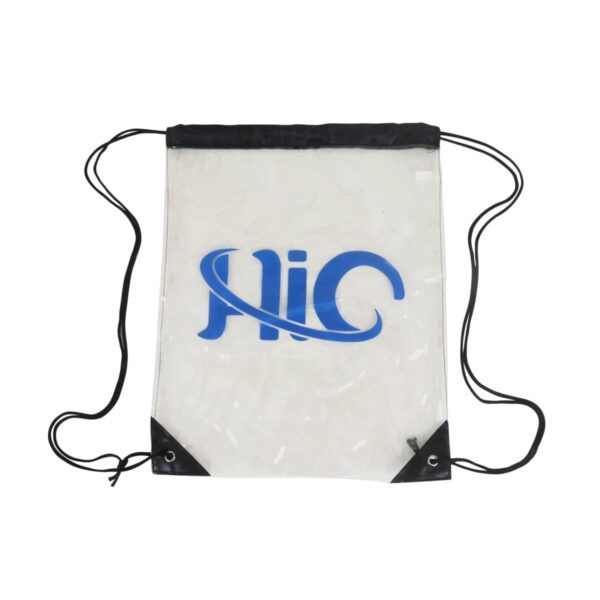 Clear drawstring bag with black strings and accents, featuring a large blue logo in the center.