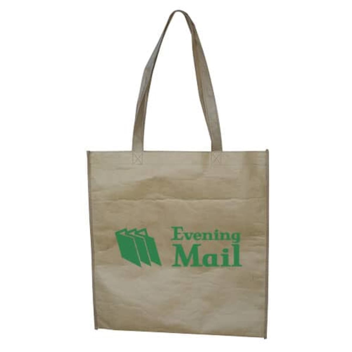 A tan reusable tote bag with two handles. It features a green logo with an image of three folded newspapers and the text Evening Mail printed on the front.