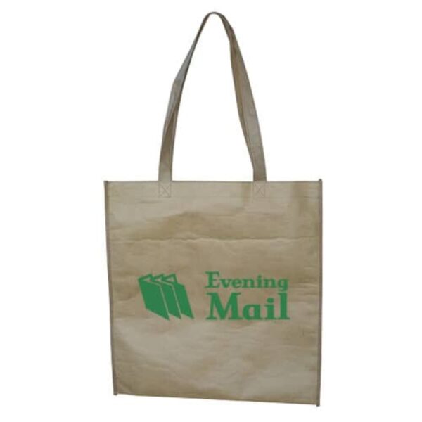 A beige tote bag with two handles is displayed. The bag has a green logo featuring three folded papers and the text Evening Mail.