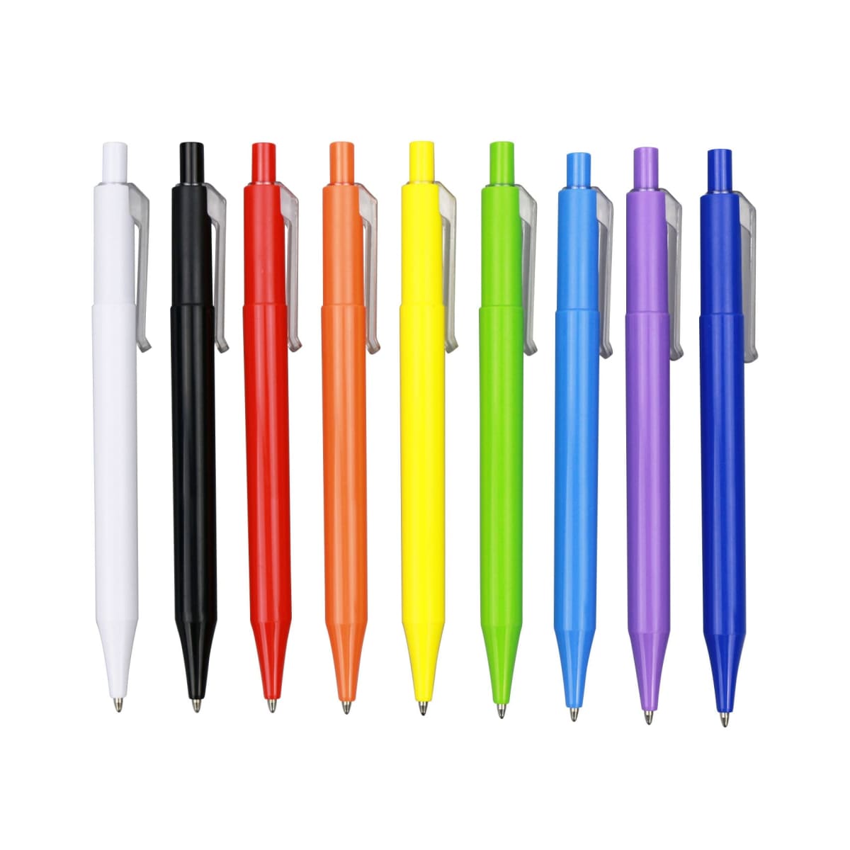 A row of nine ballpoint pens with clickable tops in various colors: white, black, red, orange, yellow, green, light blue, dark blue, and purple, all lined up vertically against a white background.