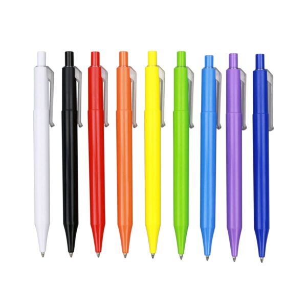 A row of nine ballpoint pens with clips, each in a different color: white, black, dark red, orange, yellow, green, light blue, blue, and purple, all lined up vertically against a white background.
