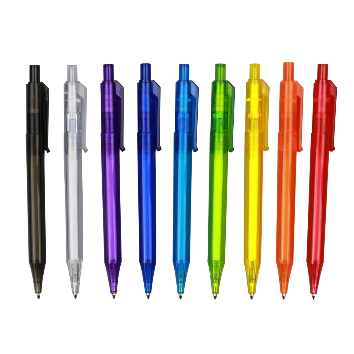 Eight translucent, multicolored retractable pens are lined up vertically against a white background. The colors are black, clear, dark blue, light blue, green, yellow, orange, and red.