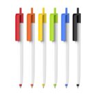 Six pens with white bodies and colorful clips and tips are lined up in a row. The colors from left to right are red, orange, yellow, green, blue, and black.