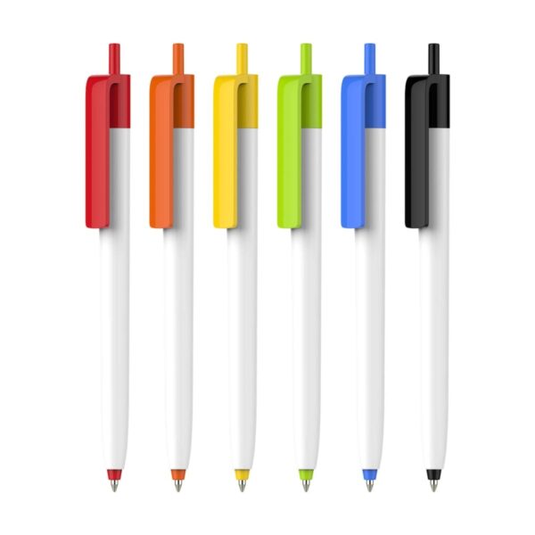 Six ballpoint pens with white bodies and colorful clips and ends are lined up. The colors are red, orange, yellow, green, blue, and black. Each pen has a retractable mechanism with a matching colored tip.