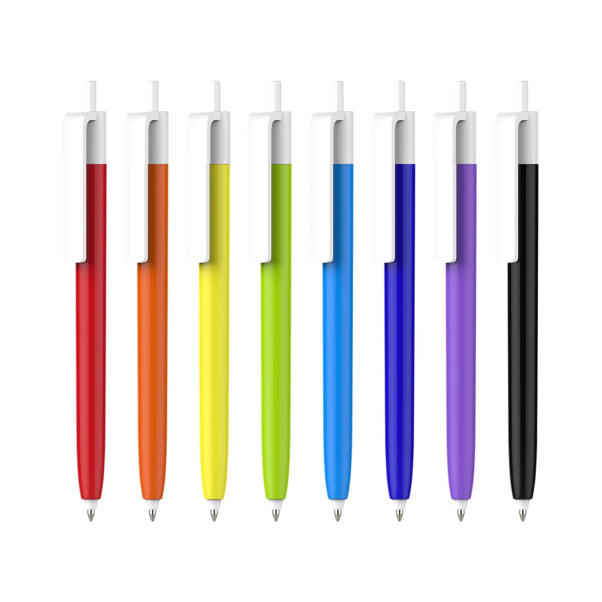 Eight retractable pens in a row, each with a different color: red, orange, yellow, light green, green, blue, purple, and black. All pens have white clips and tops. The background is plain white.