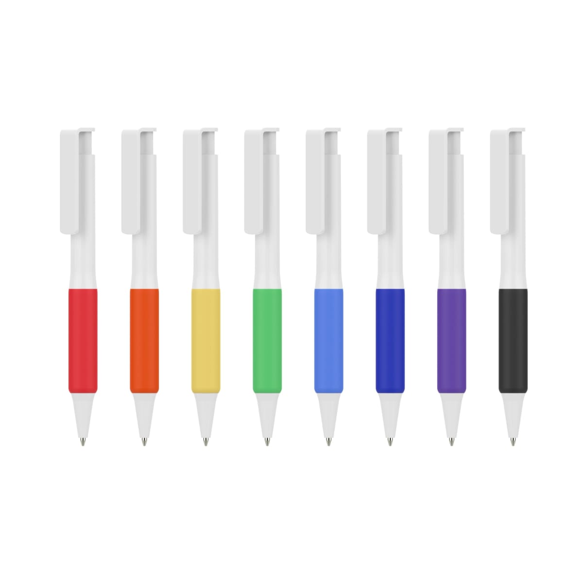 Eight retractable pens in a row, each with a white clip and barrel, and different colored grips: red, orange, yellow, green, light blue, blue, purple, and black, set against a white background.