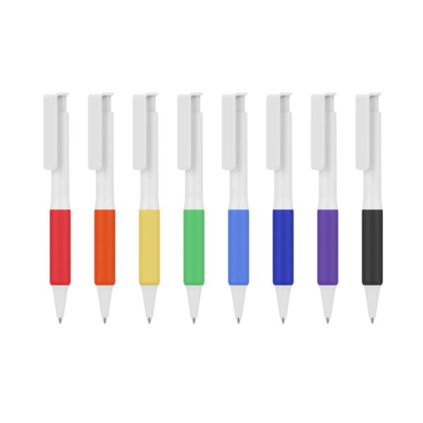A row of eight pens with white tops and clips, featuring grips in different colors: orange, red, yellow, green, light blue, blue, purple, and black, arranged on a white background.
