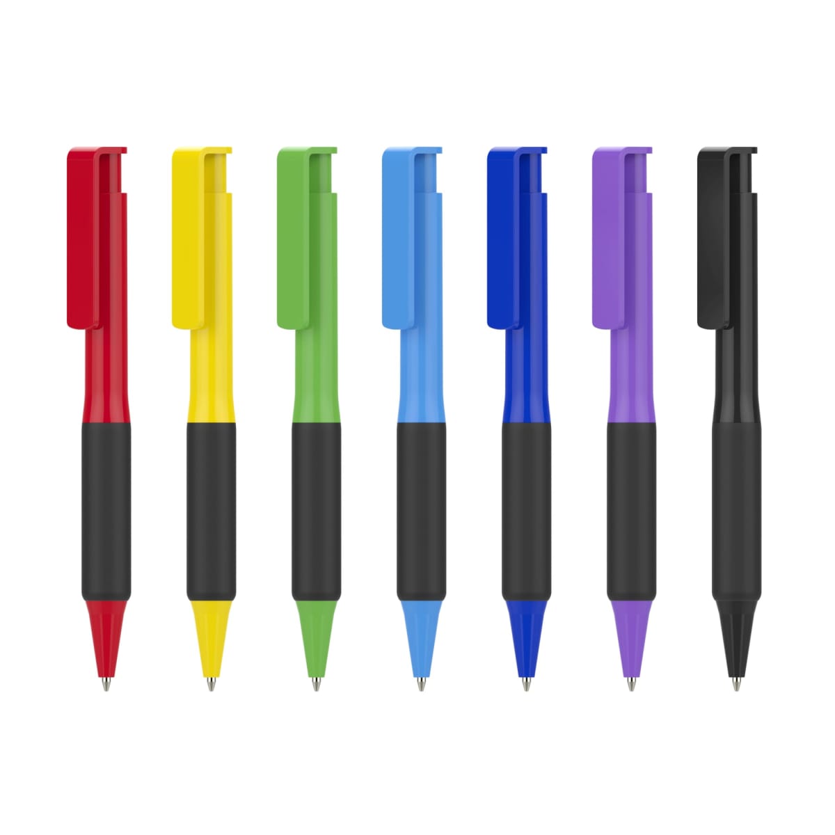 A row of seven pens with black grips featuring caps and tips in different colors: red, yellow, green, blue, light blue, purple, and black. The pens are aligned vertically against a plain white background.