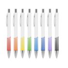 Eight retractable pens with white bodies are lined up. Each pen has a unique triangular pattern at the bottom in different colors: red, orange, yellow, green, light blue, blue, purple, and black.