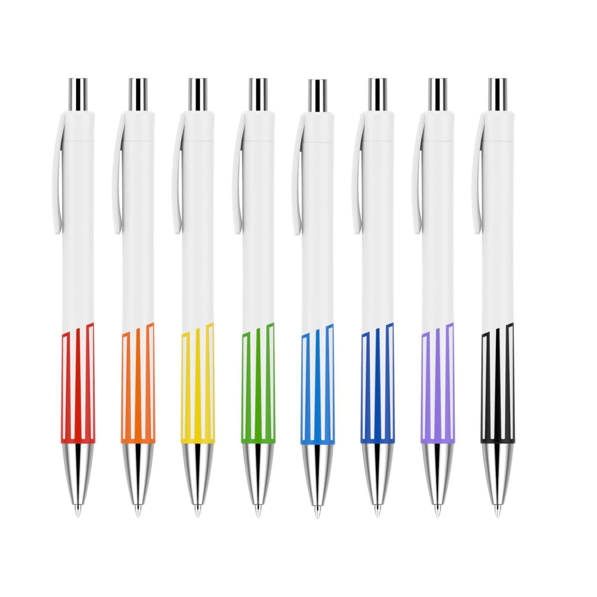 Eight retractable pens with white bodies are lined up. Each pen has a unique triangular pattern at the bottom in different colors: red, orange, yellow, green, light blue, blue, purple, and black.