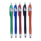 Five metallic click pens in green, blue, red, black, and orange are arranged vertically. Each pen features a silver clip and tip, and a stylus on the end.