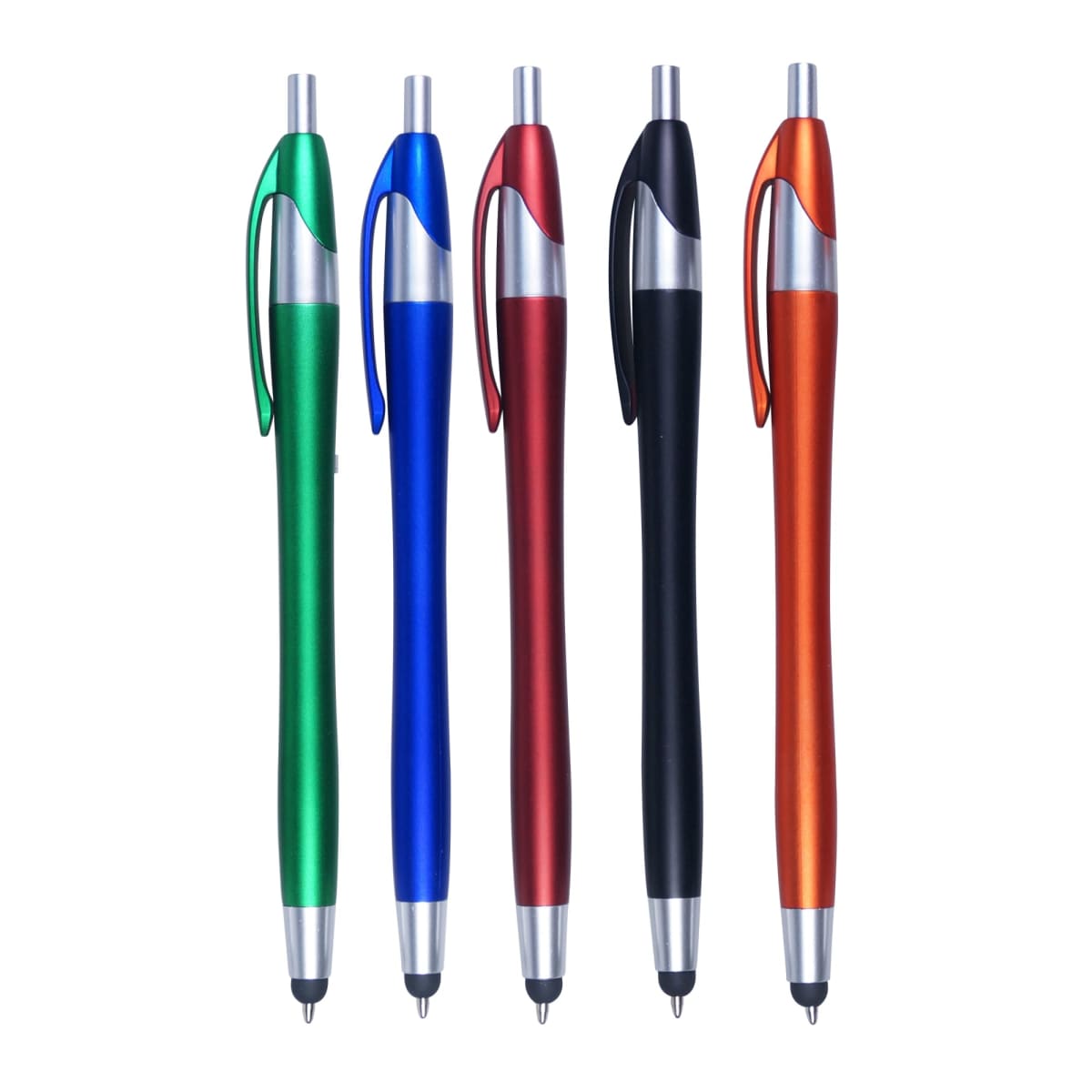 Five metallic click pens in green, blue, red, black, and orange are arranged vertically. Each pen features a silver clip and tip, and a stylus on the end.