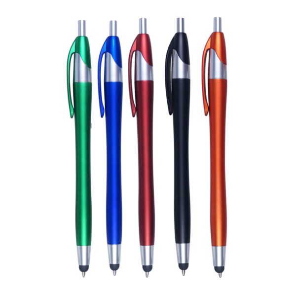 Five ballpoint pens with a metallic finish are lined up vertically. They are colored green, blue, red, black, and orange, each with silver accents and clips, against a white background.