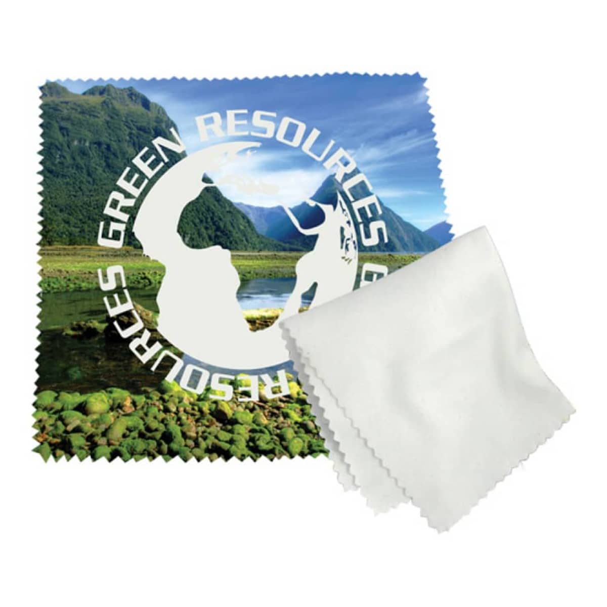 A microfiber cloth with an image of mountains and a lake, featuring the text Green Resources in a circular design. A plain white cloth is folded next to it.