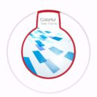 Circular graphic with a red border labeled Colorful Web Frame. Inside, there are various shades of blue rectangles creating a dynamic, abstract pattern on a white background.