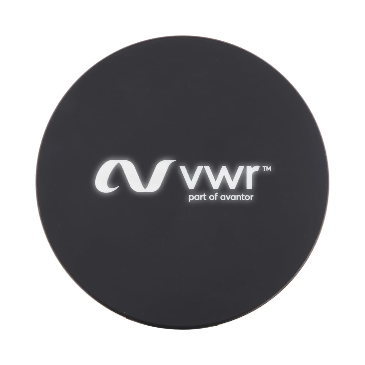 Black circular object with VWR and part of avantor printed in white centered on its surface.