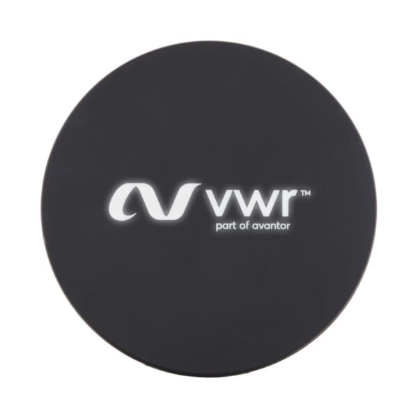 A round black object featuring the logo and text VWR part of avantor in white. The logo consists of a stylized V and W above the text.