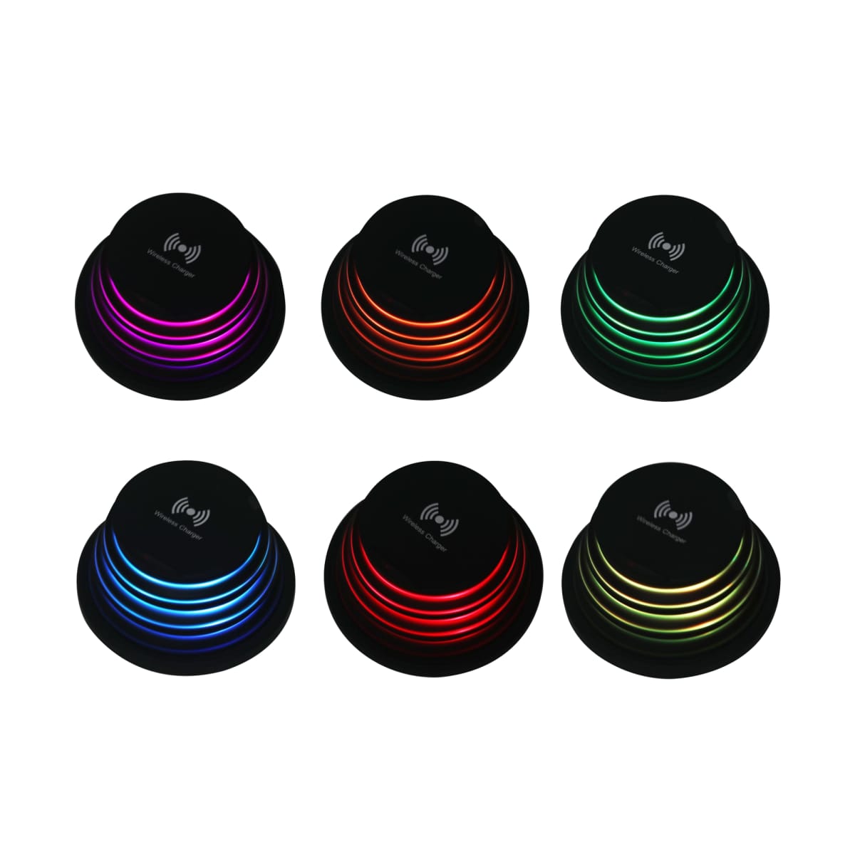 Six black circular wireless charging pads with LED lights in various colors: purple, orange, green, blue, red, and yellow. The pads are evenly arranged in two rows against a white background.