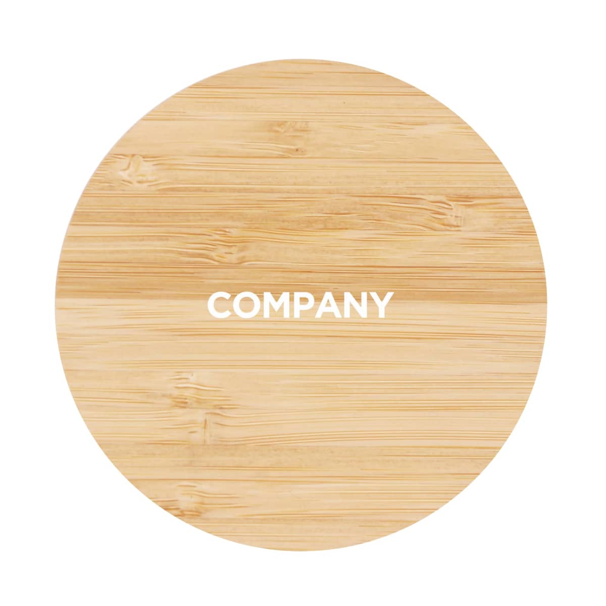 A circular wooden texture with the word COMPANY centered in white text.