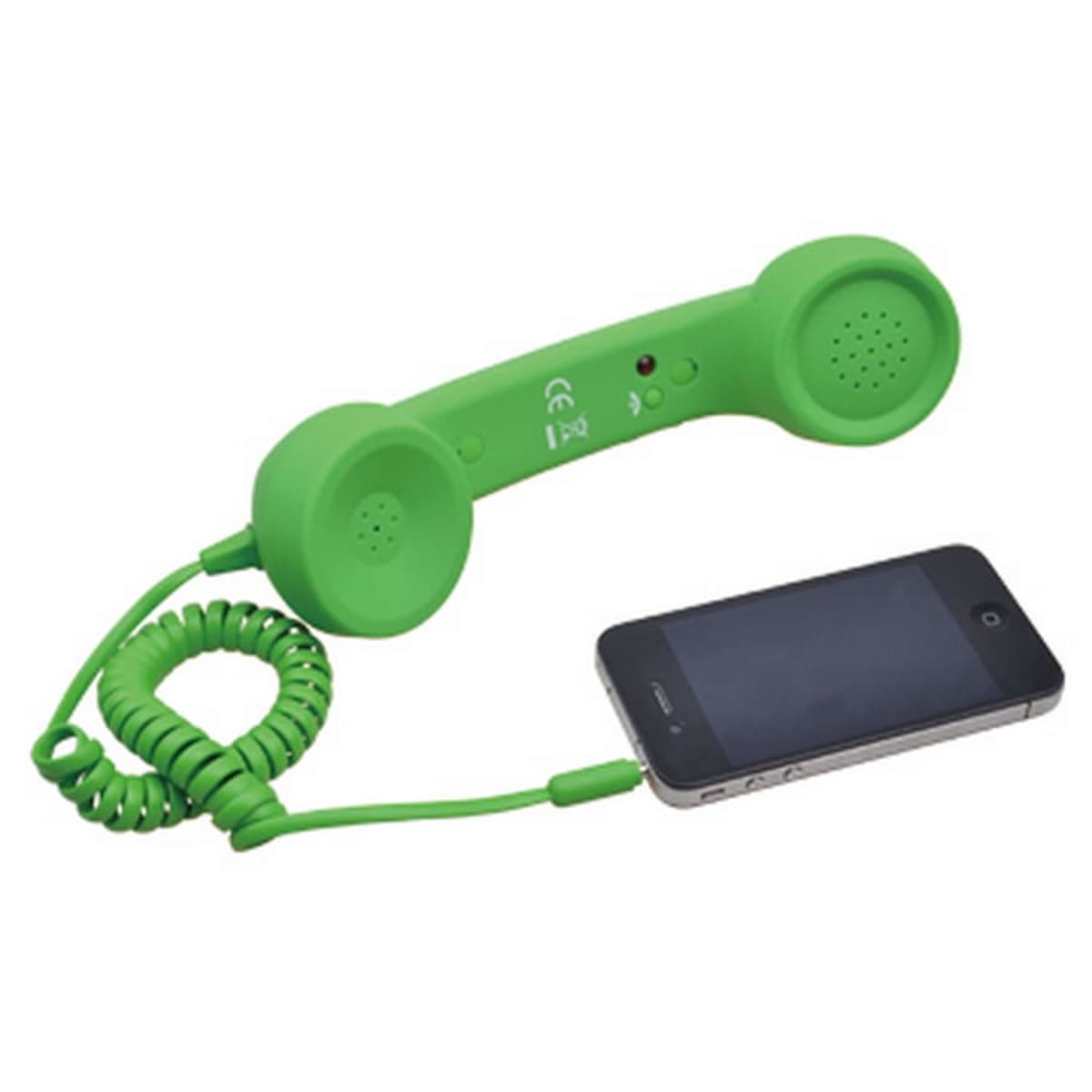 A green retro-style telephone handset with a coiled cord is connected to a smartphone. The handset features modern symbols and a small light indicator. The smartphone screen is black and turned off.