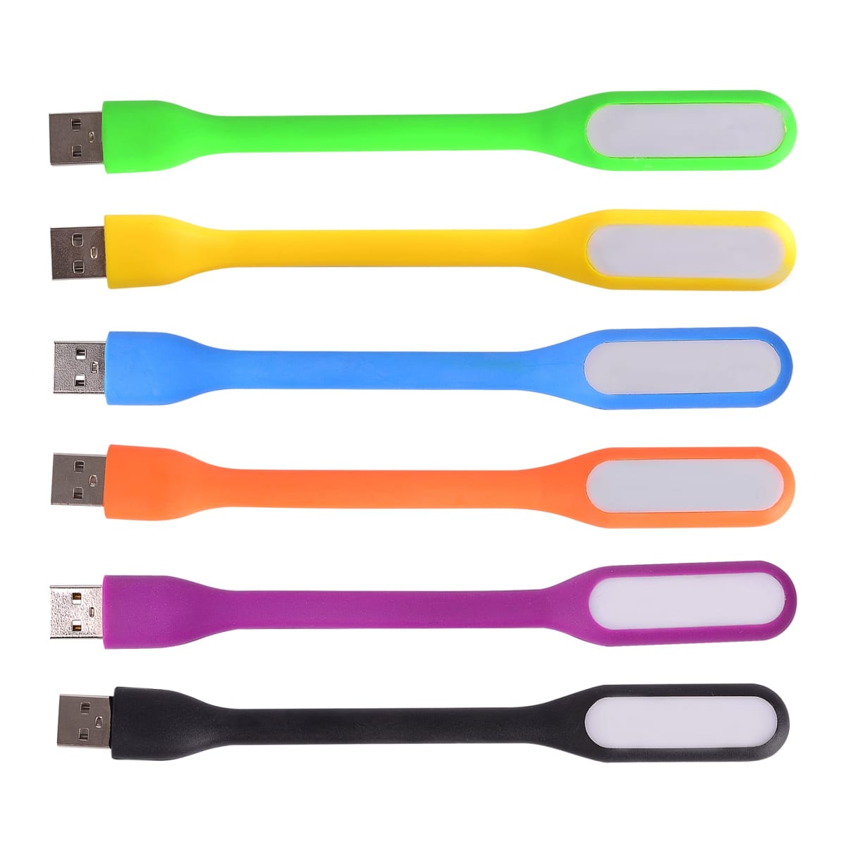 Six colorful LED USB lights arranged vertically. From top to bottom, the colors are green, yellow, blue, orange, purple, and black. Each has a flexible neck and an elongated light area.