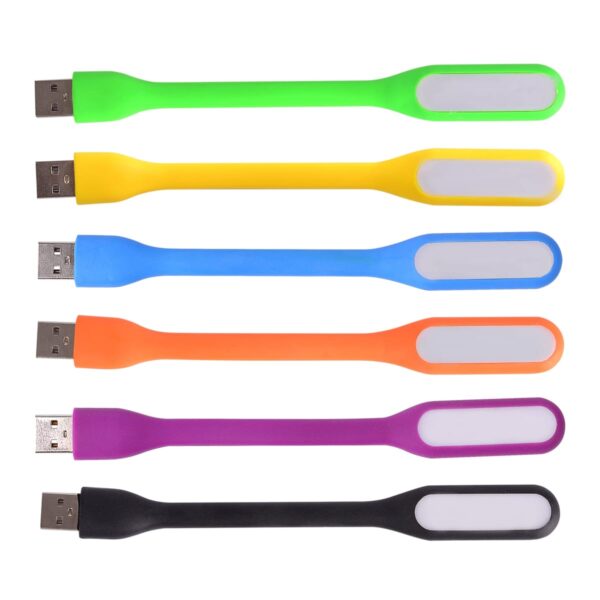 Six colorful USB LED lights are arranged horizontally. From top to bottom, the colors are green, yellow, blue, orange, purple, and black. Each light has a USB connector on one end and a rectangular LED section on the other.