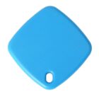 A small, flat, blue square-shaped tag with rounded edges and a small oval hole for attachment.