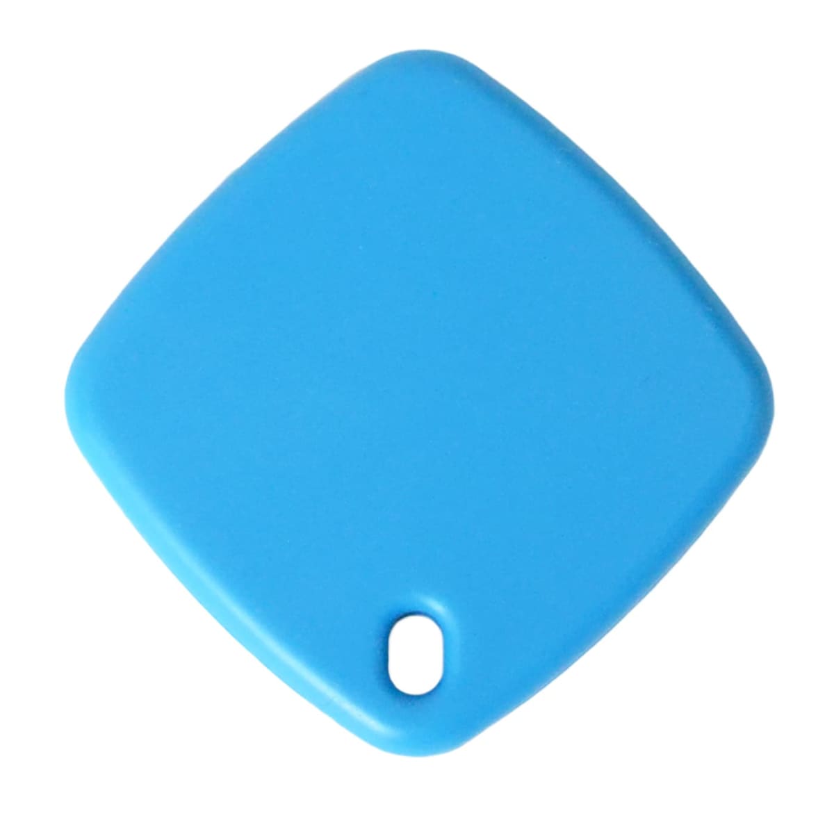 A small, flat, blue square-shaped tag with rounded edges and a small oval hole for attachment.