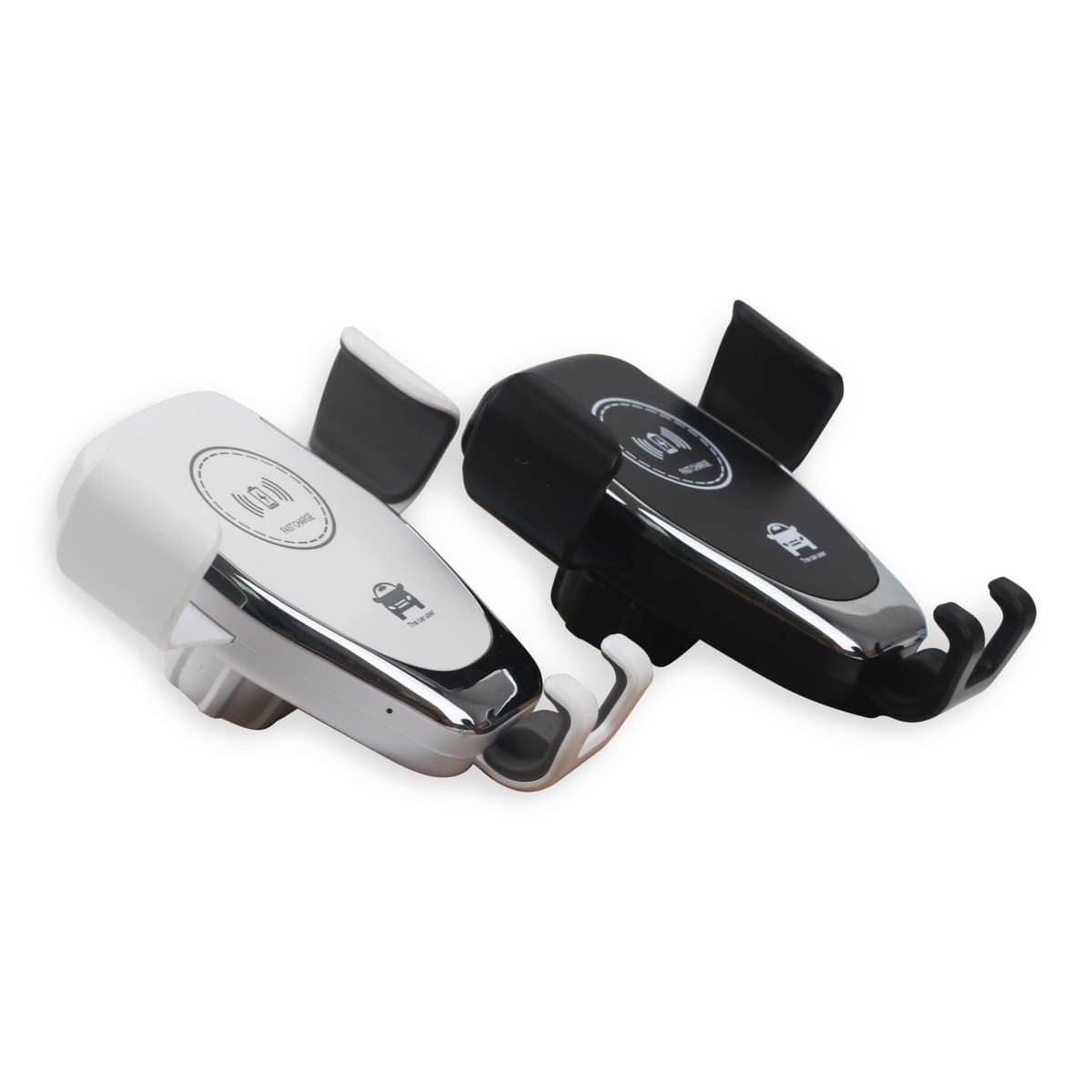 Two smartphone car mounts are shown. The left mount is white and silver, while the right is black and silver. Both mounts have hooks for securing the phone and a circular label with wireless charging symbols on top.