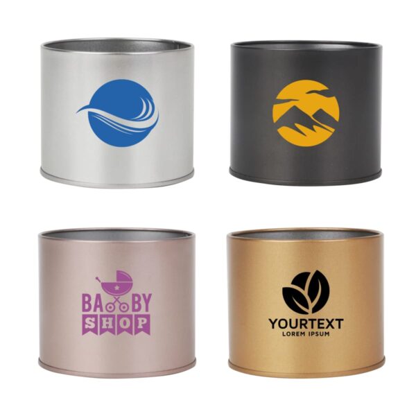Four cylindrical containers with different logos and colors: one silver with a blue wave logo, one black with an orange mountain logo, one beige with a purple baby shop logo, and one gold with a black leaf logo and placeholder text.