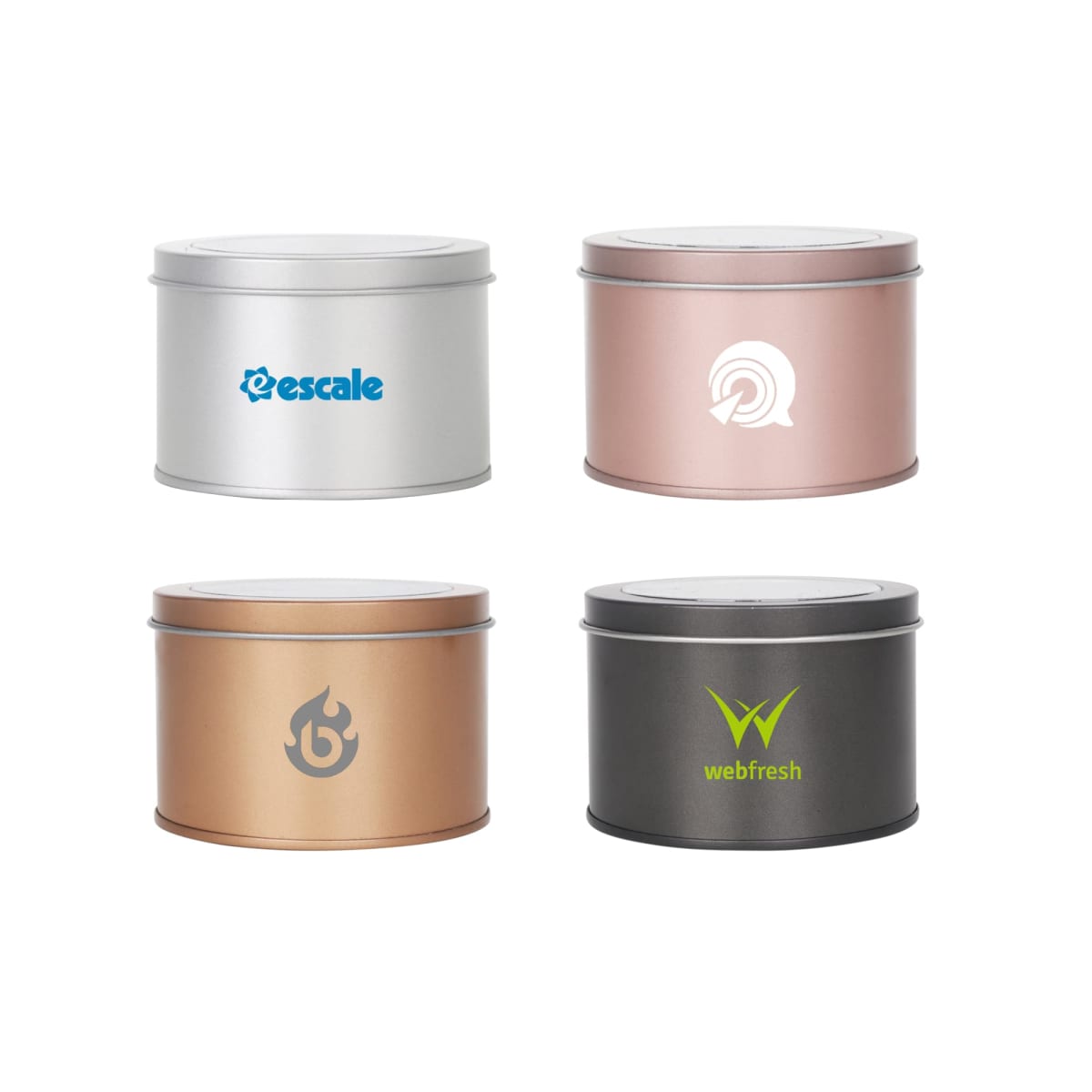 Four cylindrical metal tins with lids are arranged in a grid. Each tin has a different logo and color: silver, pink, bronze, and dark gray, with logos in blue, white, black, and green, respectively.