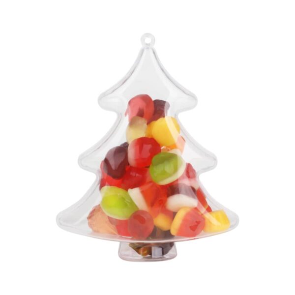 A clear, plastic, Christmas tree-shaped container filled with assorted colorful gummy candies, including shapes resembling fruits like lemons, apples, and cherries.