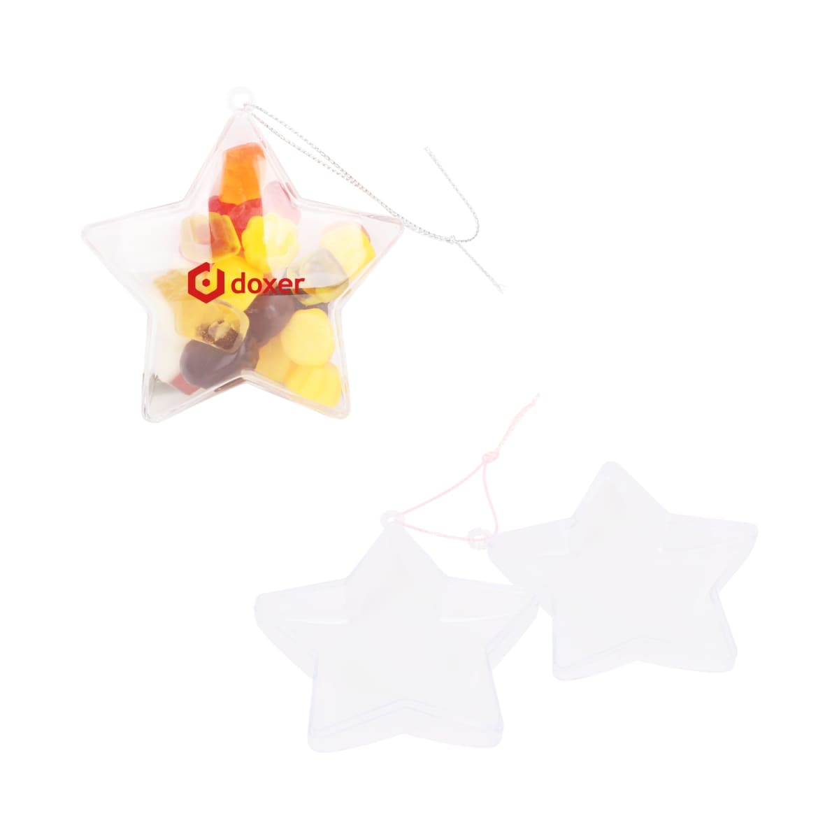A star-shaped clear container filled with colorful gummy bears and a word doxer on it. Two empty, transparent star containers are shown below, one with a string attached.