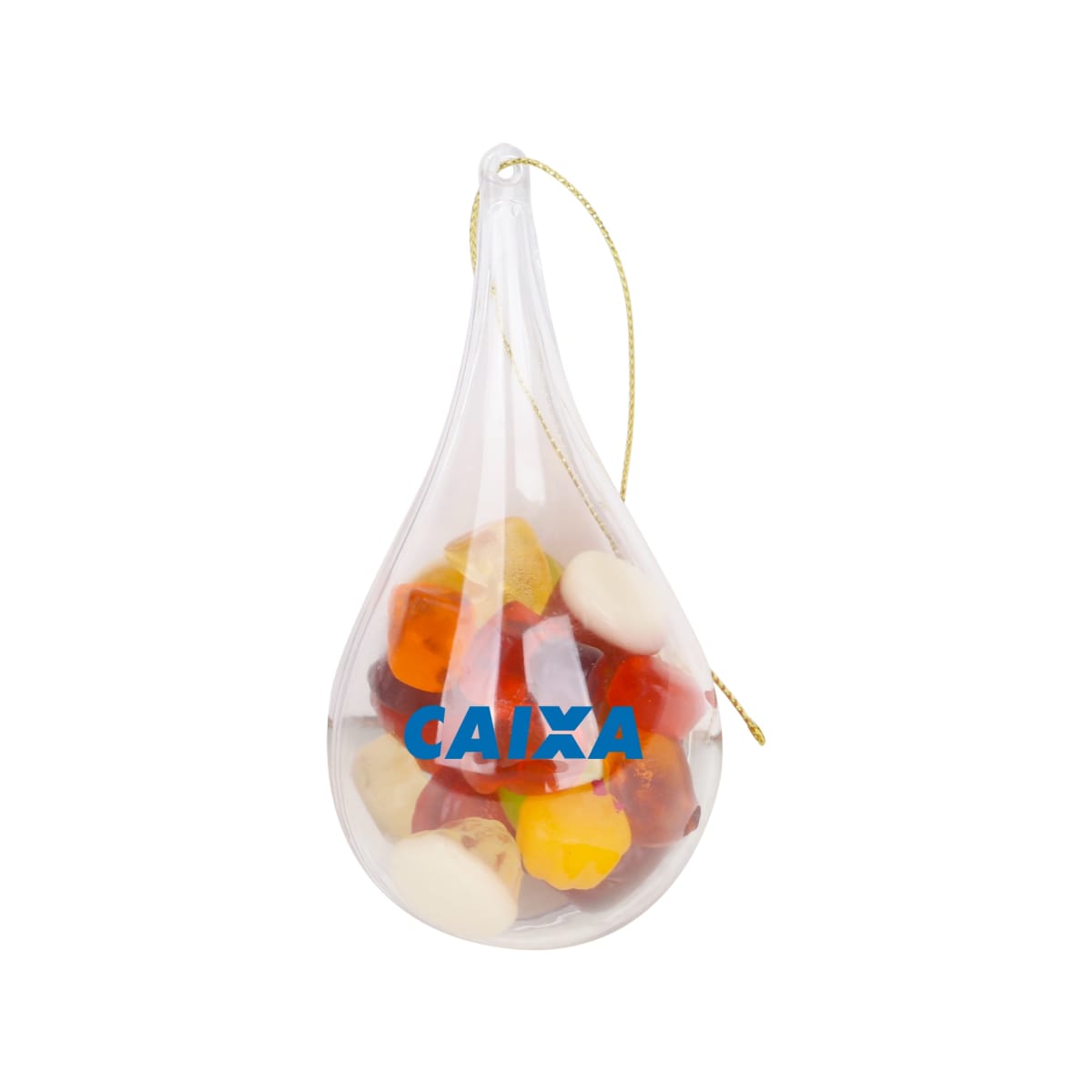 A clear, teardrop-shaped ornament filled with colorful jellybeans. It has a gold hanging string and a blue logo that says CAIXA on the front. The jellybeans are red, orange, yellow, and cream-colored.