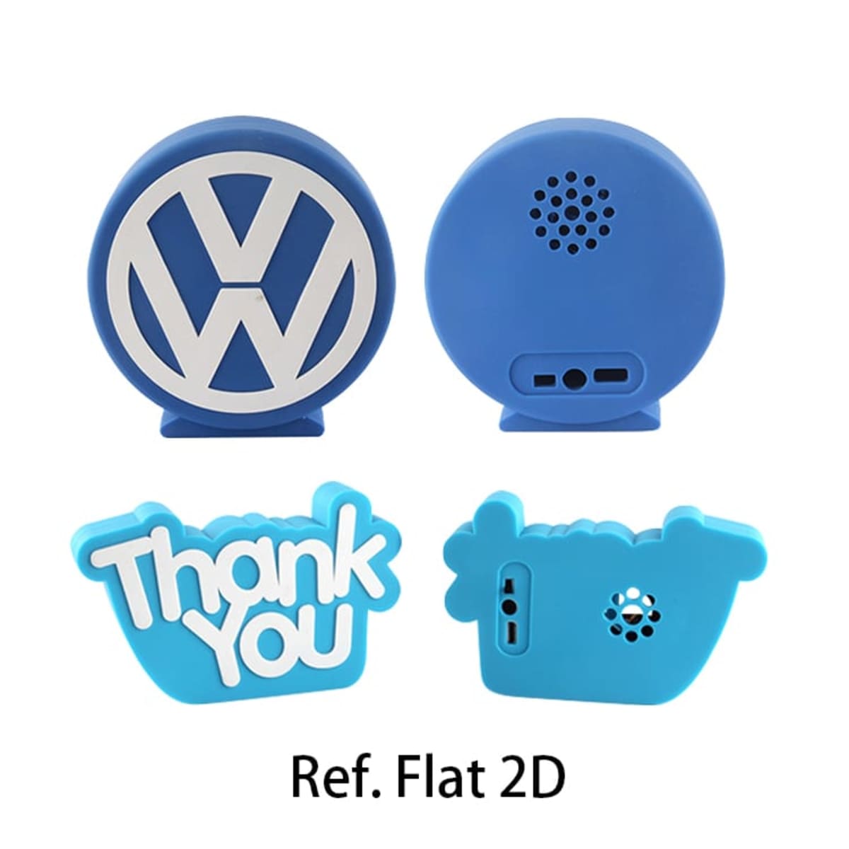 Four small blue Bluetooth speakers in different shapes: one with a Volkswagen logo, one round, one with Thank You text, and one resembling a whale. Each features a small grill and ports. Text below reads Ref. Flat 2D.