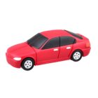 A small toy car resembling a red sedan with black-tinted windows and white wheels is shown from a side angle on a plain white background.